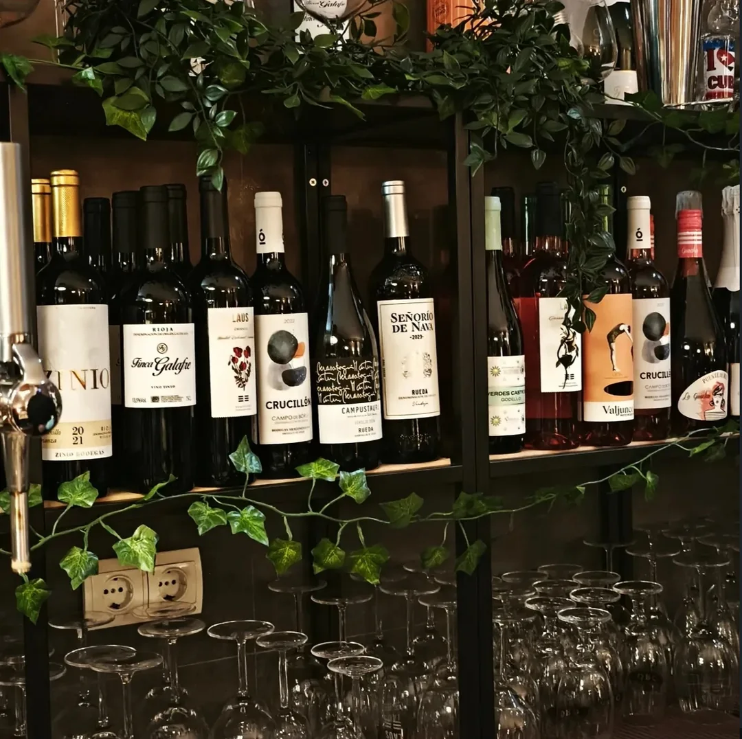 Una estantería de vinos, copas y plantas del archivo fotográfico.